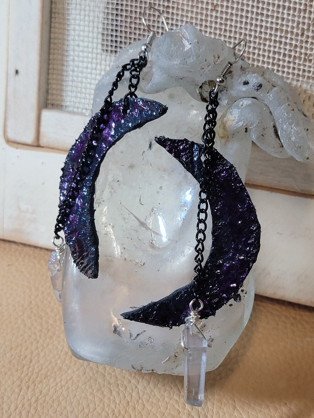 Handcrafted Purple Leather Crescent Moon & Crystal Dangle Earrings